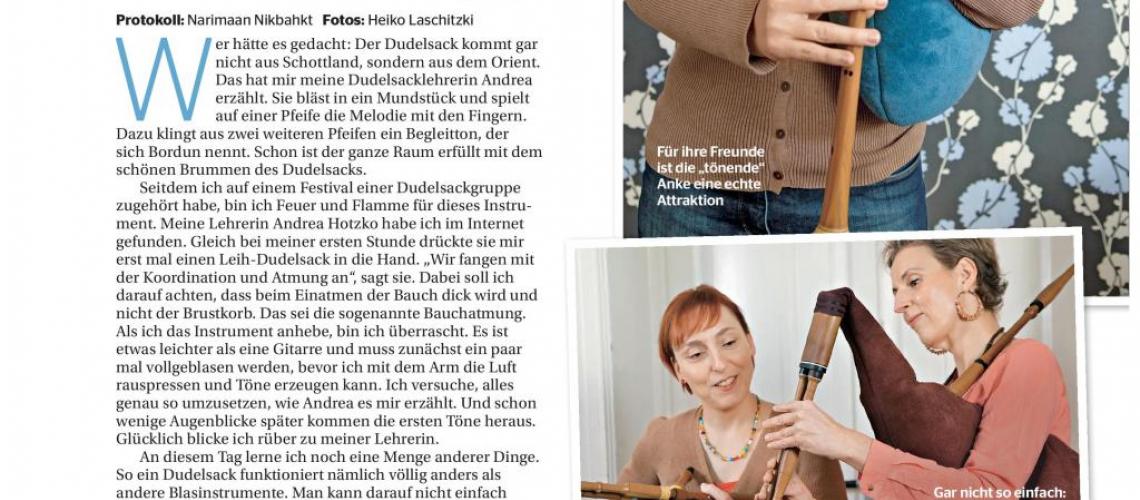 Artikel zum Dudelsackunterricht in der Zeitschrift "Bella"